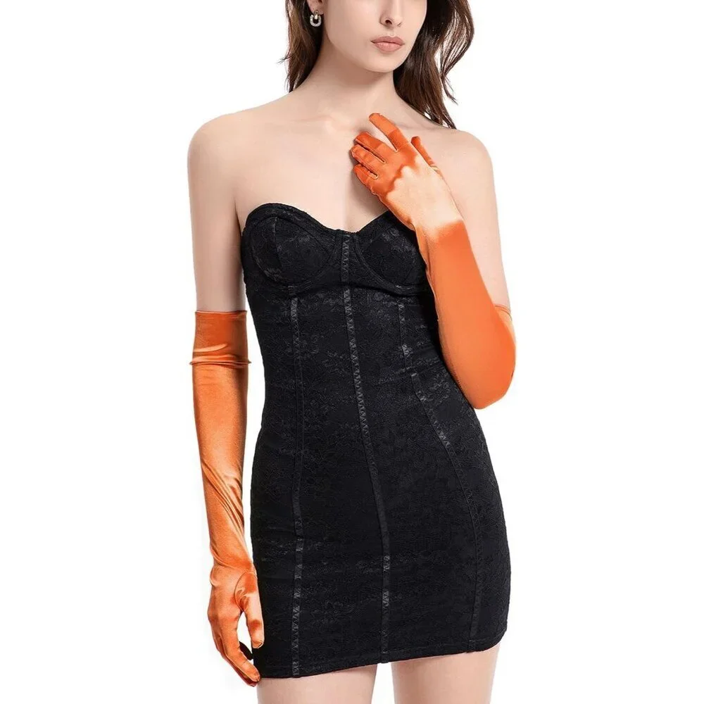 Women's Evening Orange Long Satin Gloves Elbow Length Formal Party Prom Wear
